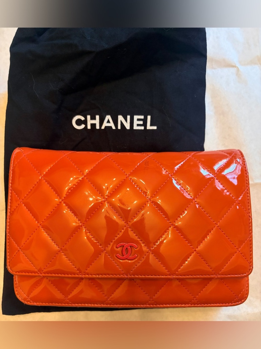CHANEL Quilted Patent Leather Orange WOC with CC Logo